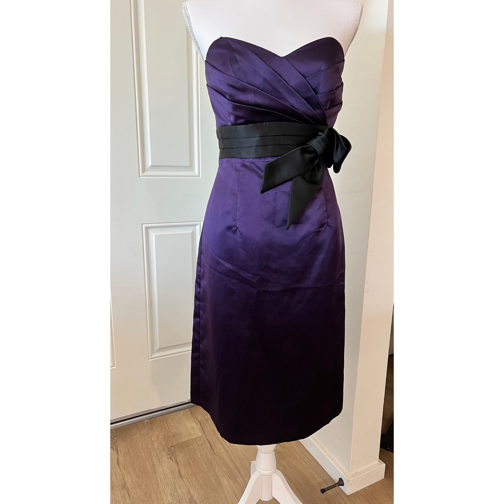 Alfred Angelo Purple Satin Strapless Cocktail Dress Black Bow Sash Size 10 7122